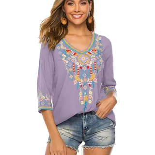 drakloak Bluse Stickerei Damen Boho Bestickte Oberteile Tunika Folklore Hippie Blusen Blumenmuster Oberteil Kurzarm Lose Tops(054 LPP M) - M