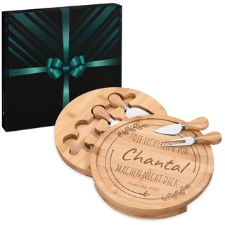 Maverton Käsebrett Servierplatte mit Gravur + 4er Käsemesser Set - aus Holz - Durchmesser: 25cm - Geschenke für Frauen zum Geburtstag - Leckereien