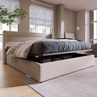 Merax Hydraulisches Boxspringbett 180x200cm Polsterbett mit Bettkasten, Holz Lattenrost und Metallrahmen, Stauraumbett Doppelbett aus Leinen, Beige - Beige