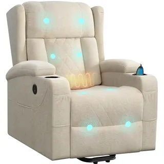 WOLTU Massagesessel, elektrisch verstellbar, mit Liegefunktion Aufstehhilfe, Massage Heizung Fußstütze Seitentaschen Becherhaltern USB-Port, Frottee, Beige