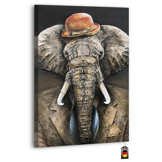 YS-Art Gemälde Herrschaft, Tiere, Leinwand Bild Handgemalt Elefant mit Hut Tier in Gold braun