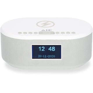 AIC Radiowecker DAB mit Ladefunktion Bluetooth QI Funktion USB Dual Alarm 18DAB Weiss