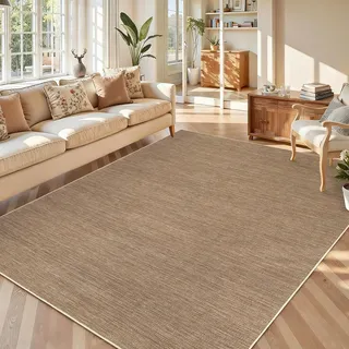 LuxFocus 200×290 cm Jute-Look Teppich Innen/Außen, einfarbiger moderner Teppich mit Rutschfester Unterseite, waschbarer flachfloriger neutraler Dekoteppich für Wohnzimmer, Schlafzimmer, Warmbraun