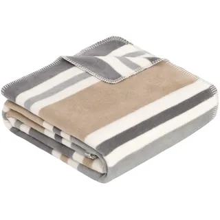 Ibena Barnsley Decke 150x200 cm - Baumwollmix weich, warm & waschbar, Kuscheldecke gestreift grau beige