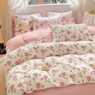 Bettwäsche 135x200 Weiß mit Rosa Blümchen Blumen und Kissenbezug 80x80 | Bettwäsche Set, Rosa Blüten Blumenwiese, Blumenmuster, Botanisch, Pflanzenmuster, Aesthetic, Microfaser, Reißverschluss