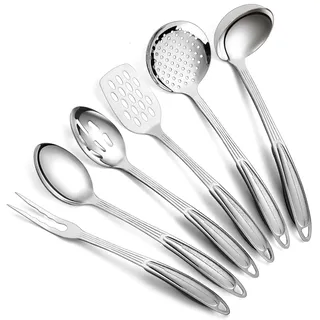 Berglander Edelstahl Küchenutensilien Set 6 teilig, Kochutensilien Sets, Küchenhelfer Essentials umfassen Metallspatel Set, Schaumlöffel, Schöpfkelle, Servierlöffel, Schaumlöffel, Tranchiergabel