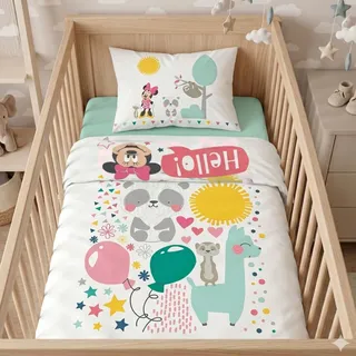 Baby-Bettwäsche 2 teiliges Set Disney Minnie Maus Mouse Lama Panda Erdmännchen | 100x135 cm 40x6 0cm | Klein-Kinder Bettwaesche-Set in Weiss türkis