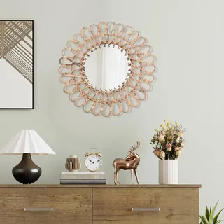 SAUADY Rattan-Spiegel Runder Wandspiegel Dekorativer Rattan-Spiegel für Eingangsbereich Wohnzimmer Badezimmer Gesamtdurchmesser: 40cm Holzfarbe