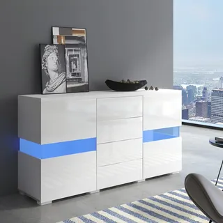 Merax Sideboard mit LED-Leuchte, Lagerschrank Beistellschrank mit Viel Stauraum, Moderne Anrichte mit Schublade und Türen, für Esszimmer Wohnzimmer Küche, Hochglanz Weiß, 140 x 72 x 35 cm