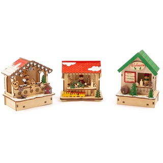 Small Foot Lampen-Set Weihnachtsmarkt aus Holz, Weihnachtsdeko mit drei Holzhütten mit Licht für die Fensterbank, 11390