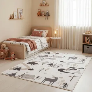 SIMPEX Kinderteppich Wald Tiere Spielteppich für Kinderzimmer in Creme mit Natur und Tier Motiv Größe 140x200 cm für großzügige Spielflächen
