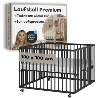 Sämann Laufgitter mit Matratze Cloud Air | Schlupfsprossen Black Edition Premium | Gr.: 100x100 cm)