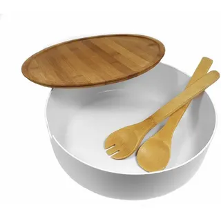 XXL Salatschüssel inklusive Bambus Besteck 30 cm - weiß - Kunststoff Schale groß mit Holz Deckel - Rührschüssel Servierschüssel Obstschale Schüssel