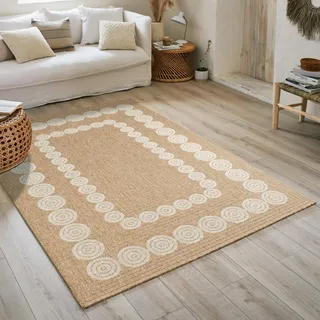 Naturteppich Natur Bohemian Teppich Jute Optik Teppich Wohnzimmer Schlafzimmer Flur Outdoor Teppich Natur (160x160 cm Rund, 8868 Weiß)