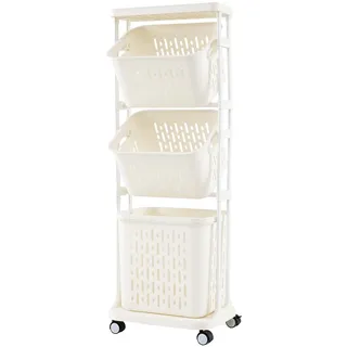 GIANTEX Wäschekorb 3 Fächer, Wäschesammler Schmal, Wäschewagen mit 4 Rollen & Ablage, 40 x 30 x 112 cm, Wäschesortierer für Waschküche & Badezimmer