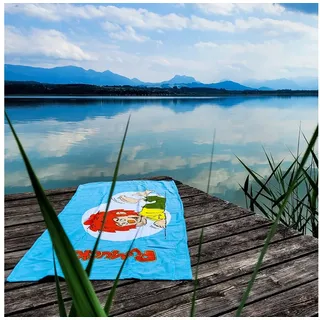 Bavariashop Handtuch ®Pumuckl großes Badetuch • Strand Handtuch XXL • 75 x 150 cm, Frottee, Baumwolle, Velour bedruckt blau