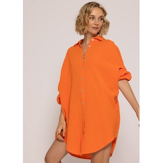 SASSYCLASSY Longbluse Oversize Musselin Bluse Damen Langarm Hemdbluse lang aus Baumwolle mit V-Ausschnitt, One Size (Gr. 36-48) orange