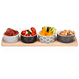 Murago - Tapas Snackplatte 5tlg Set - Bambus Keramik Snack Schalen Teller Platte Brett Serviertablett Schälchen Knabberschale Servierrschale Dips Vorspeisen Oliven Süßigkeiten Nüsse Holz