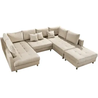 riess-ambiente.de Moderne XXL Wohnlandschaft Kent 305cm Champagner beige Samt inkl. Hocker und Kissen
