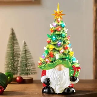 ACAREY Weihnachtsdeko Keramik Weihnachten Deko Wichtel mit Licht, 30cm Weihnachtsbaum aus Keramik mit Wichtel & 46 bunt LED Weihnachtsbaumschmuck Beleuchtete Wichtel