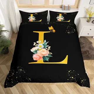 Homemissing Blumen Floral Bettwäsche Set 135x200cm Schmetterling Bettwäsche-Set Alphabet Personalisierte Initial Schwarz Goldener Buchstabe L Bettbezug mit 1 Kissenbezug mit Reißverschluss