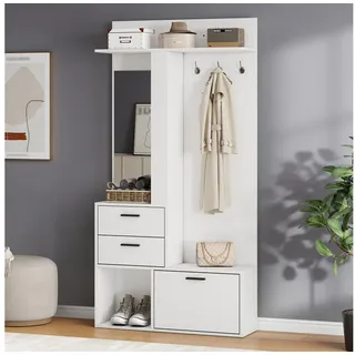 STILVORA Garderobenständer Kleiderständer mit 2 Schubladen Garderobe mit Glasspiegel, weiß, (Multifunktionsschrank, mit Ganzkörperspiegel, 90 × 30 × 180 cm, MDF-Korpus, Kleiderstange, Schuhkipper), für Flur, Eingangsbereich, Schlafzimmer, kleine Wohnungen