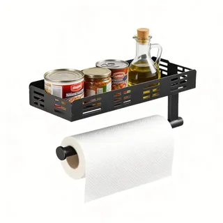 Zuxbolf Gewürzregal Wand mit Küchenrollenhalter und 2 Haken Küchenpapierhalter Gewürz Organizer Küchenregal Ohne Bohren Wandregal Hängend Gewürzständer Klopapierhalter für Küchen und Badezimmer