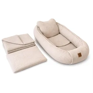 Babynestchen Neugeborene – 5-teiliges Baby Set mit Babynest aus Waffelpique Baumwolle – Nestchen Baby für Babybett & Kinderbett – Babykokon Tragbar – OEKO-TEX zertifiziert – Zubehör Babybett - Sand