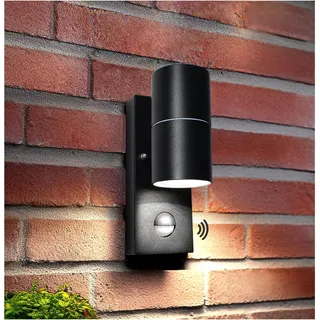 Unikcst LED Aussenlampe mit Bewegungsmelder Schwarz Matt | Modern Aussenleuchte, IP44 Wasserdicht Wandleuchte 230V, inkl.1x 5W Kaltesweiß GU10 6000K Leuchtmittel, 1 Stück