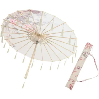 Chinesischer Tanz und Foto Regenschirm aus Seide 82cm mit Quasten | Beige, Holzgriff und Polyesterbezug, Klassischer Stil für Urlaub und Kunstdeko