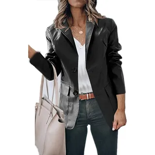 Jueshanzj Lederjacke, Revers, einreihig, einfarbig, langärmelig, für Damen, schmal, Schwarz , S - S