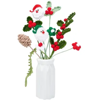 WEBEEDY 10 Stück Weihnachts Häkelblumen Set Handgefertigter Gehäkelter Schneemann Weihnachtsmann Tannenzapfen Farnblatt Und Rote Bohnenstrauß Hausdekoration Geschenk