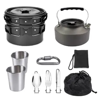 AURIVION Geschirr-Set Geschirr-Set Camping-Kochgeschirr-Besteck-Set (11-tlg), 4 Personen, Edelstahl, leichte Töpfe und Wasserkocher mit 2 Tassen