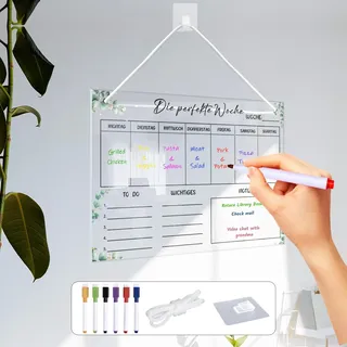 Acryl Wochenplaner mit 6 Whiteboard-Stiften, Abwischbare Wandtafel aus Glas, 30x20cm, Haushaltsplan mit To-Do Liste, Notizen, Wichtiges, Inkl. Aufhängevorrichtung