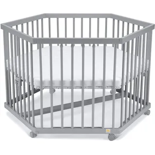 FabiMax Baby Laufgitter 6-eck Grau lackiert, stufenlos höhenverstellbar, mit Schlupfsprossen, Laufstall aus massivem Buchenholz (Matratze Classic)