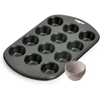 Original Kaiser Inspiration Muffinform-Set 2-teilig, Muffinblech mit Xmas Papierbackförmchen für 12 Muffins, 38 x 27 cm, Cupcake Form antihaftbeschichtet, Schwarz
