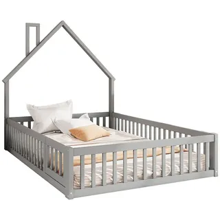 Sweiko Kinderbett Hausbett Jugendbett Funktionsbett (Gästebett mit Schornsteinform und Lattenrost,Kiefernholz,Minimalistischer Stil), 140x200 cm, ohne Matratze grau