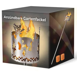 Gartenfackel für draußen Motiv Hirsch 2X Brennelemente - Holzspäne mit Wachs - Schwedenfackel Pelletfackel Feuersäule Flammschalen Wachsfackel Gartenleuchte