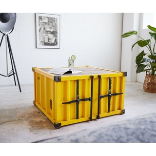 DELIFE Bartisch Container, Metall Mangoholz Gelb 86x86 cm Couchtisch gelb