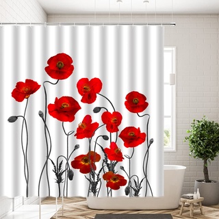 Duschvorhang, Mohnblumenmotiv, Wasserfarben, Blütenblätter, Sommerpflanze, Badezimmer, 177,8 x 177,8 cm, Rot