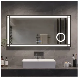 AQUALAVOS Badspiegel LED Spiegel mit Schwarzer Alurahmen Fensteroptik Wandspiegel für Bad, 100x70 120x60cm Digitaluhr Kaltweiß 6400K Dimmbar 3-Fach Vergrößerung 120 cm x 60 cm x 3.3 cm
