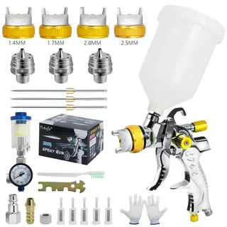 Potufa HVLP Lackierpistole Spritzpistole Kit mit 4 Düsen - 1,4mm & 1,7mm & 2,0mm & 2,5mm, Profi Lackierpistole Druckluft Schwerkraft Sprühgeräte mit 600 ml Plastikbecher (Gelb)