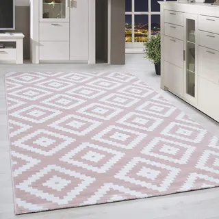 HomebyHome Teppich 140x200 cm Rosa Kurzflor Rauten Design Moderner Teppich für Wohnzimmer Schlafzimmer Flur Küche Esszimmer Kinderzimmer Pflegeleicht Weich