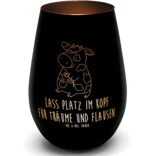Mr. & Mrs. Panda Gold Windlicht Kuh - Geschenk, Kerze, Träume, Spruch, Bauernhof, Windlicht Gravur, Landwirt, Teelicht aus Glas, Teelicht, Magie,