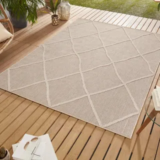 SIMPEX In & Outdoor Bouclé Teppich Läufer wetterfest Beige 80x150 cm Skandinavische Boho Design 3D Hoch Tief Effekt ideal für Flur Balkon oder Küche