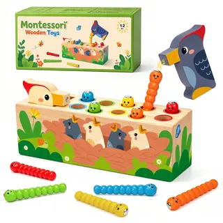 Haozozo Montessori Spielzeug ab 1 2 3 Jahre, Motorikspielzeug Magnet Specht-Spielzeug, Holzspielzeug zum Sortieren nach Farben Sensorisches Lernspielzeug als Geschenk für Jungen Mädchen