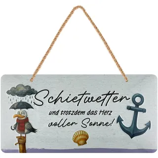 LANOLU retro Blechschild, Schietwetter Schild mit Möwe und Regenschirm, maritime Ostsee Deko für Zuhause, lustiges Moin Deko Schild mit Jutekordel, 16x32 cm