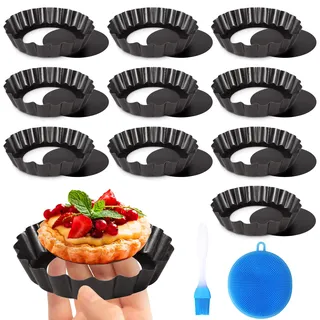 Frasheng 10 Stück Tarteform mit Hebeboden, Antihaftbeschichtet Tarteform, 4 Zoll/10 cm, Tartlettförmchen, Mini Tarteforms, Rund Pie Form, Tartelette Förmchen aus Kohlenstoffstahl, Schwarz