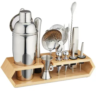 Relaxdays Cocktailset, Silber, Metall, Holz, 32x26x10.5 cm, Essen & Trinken, Barausstattung