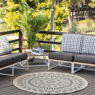 livabliss Teppich wetterfest, Tavira - In und Outdoor Teppich für Balkon Terrasse, Garten, Küche - Outdoor Teppich Boho, Teppich für draußen - Runden Teppich Beige,